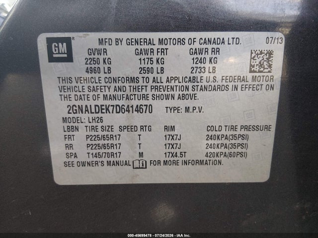 2013 Chevrolet Equinox Lt მანქანა იყიდება აუქციონზე, vin: 2GNALDEK7D6414670, აუქციონის ნომერი: 45699478