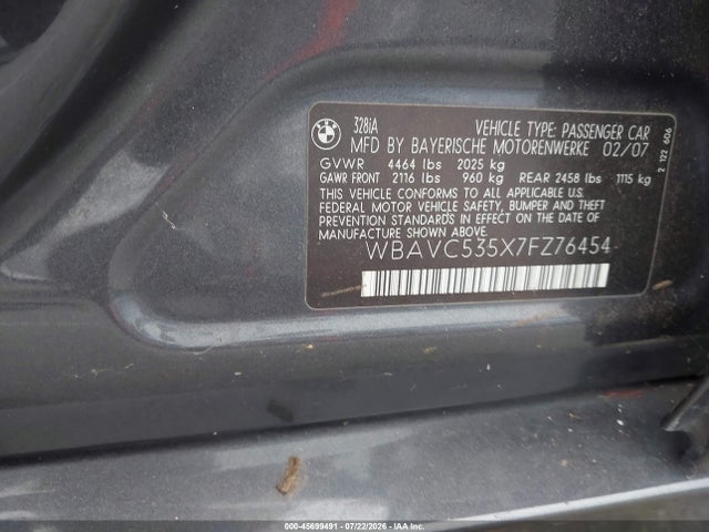 45699491 :رقم المزاد ، WBAVC535X7FZ76454 vin ، 2007 Bmw 328i مزاد بيع