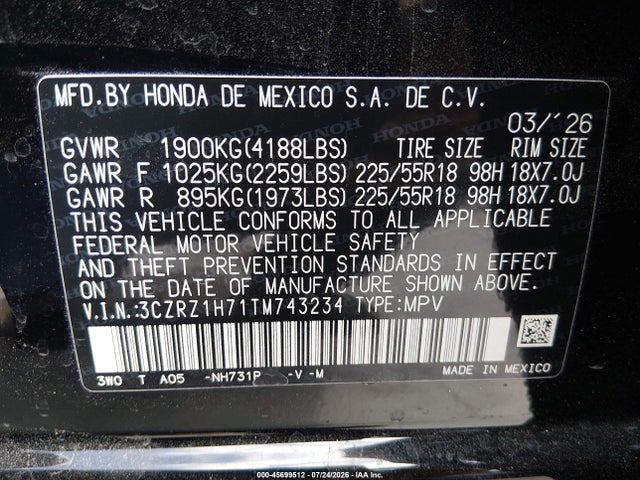 Продажа на аукционе авто 2026 Honda Hr-v 2wd Ex-l, vin: 3CZRZ1H71TM743234, номер лота: 45699512