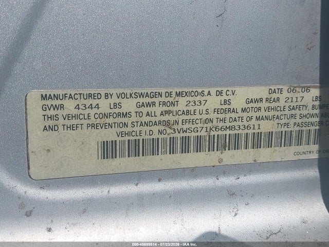 Aukcja sprzedaży 2006 Volkswagen Jetta 2.5, vin: 3VWSG71K66M833611, numer aukcji: 45699514