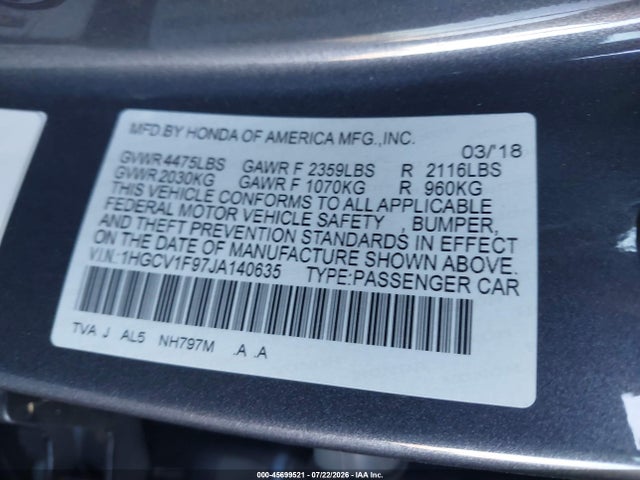1HGCV1F97JA140635 Honda Accord Touring
