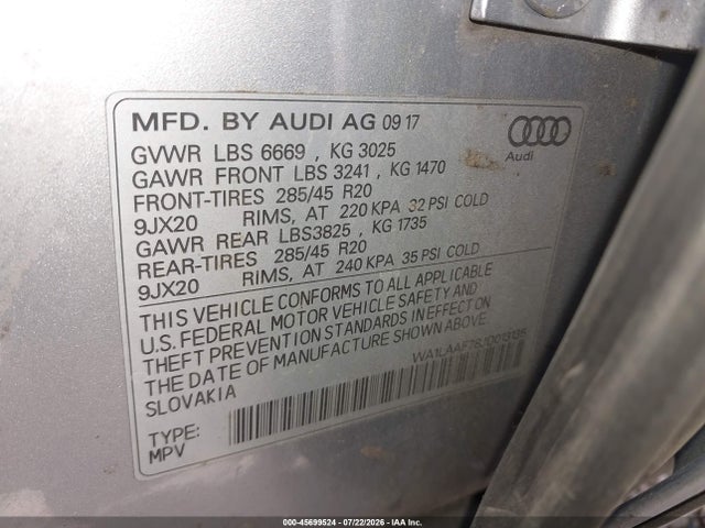 Aukcja sprzedaży 2018 Audi Q7 3.0t Premium, vin: WA1LAAF78JD013135, numer aukcji: 45699524