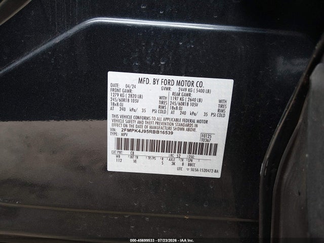 Продажа на аукционе авто 2024 Ford Edge Sel, vin: 2FMPK4J95RBB16539, номер лота: 45699533