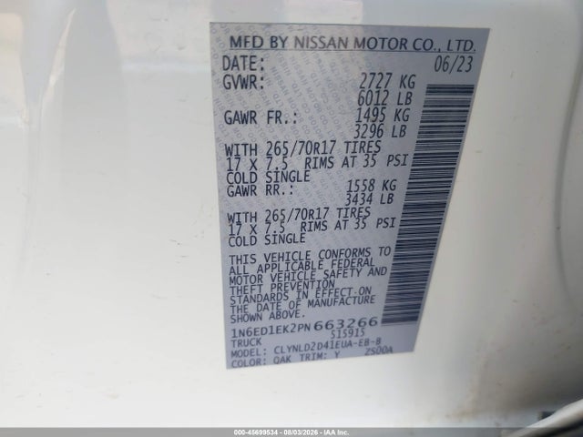 Продажа на аукционе авто 2023 Nissan Frontier Pro-4x 4x4, vin: 1N6ED1EK2PN663266, номер лота: 45699534
