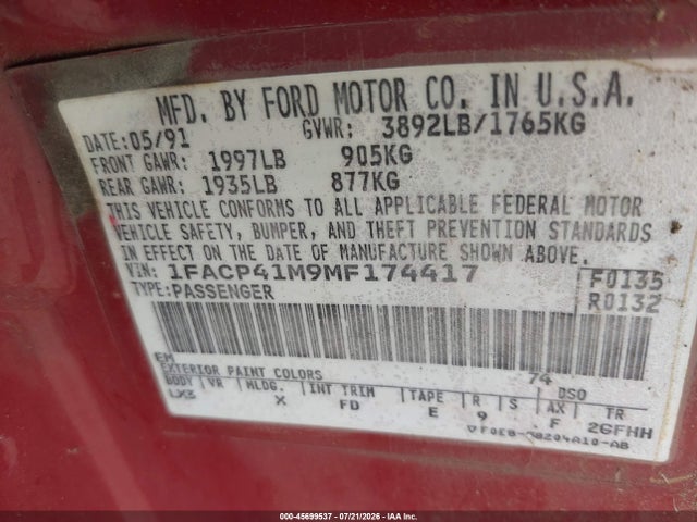 45699537 :رقم المزاد ، 1FACP41M9MF174417 vin ، 1991 Ford Mustang Lx مزاد بيع