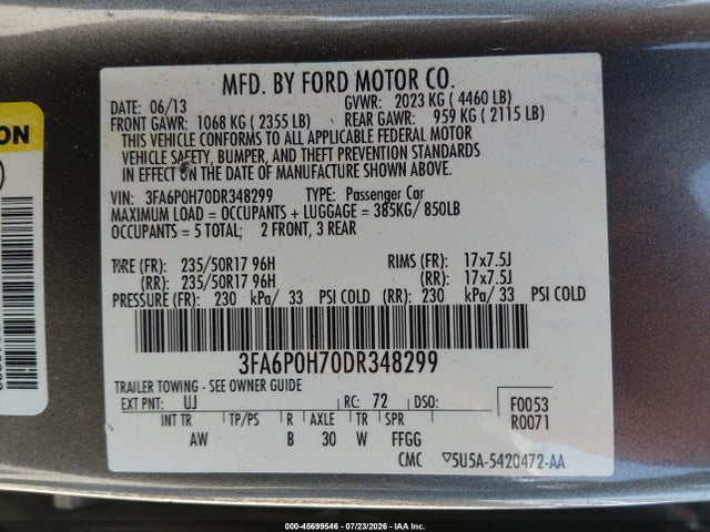45699546 :رقم المزاد ، 3FA6P0H70DR348299 vin ، 2013 Ford Fusion Se مزاد بيع