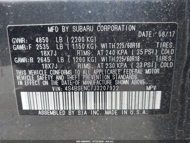 45699552 :رقم المزاد ، 4S4BSENC7J3207922 vin ، 2018 Subaru Outback 3.6r Limited مزاد بيع