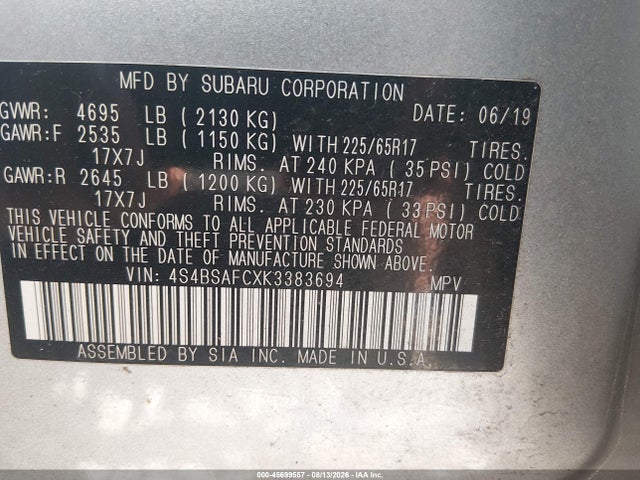 Aukcja sprzedaży 2019 Subaru Outback 2.5i Premium, vin: 4S4BSAFCXK3383694, numer aukcji: 45699557