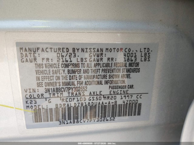 3N1AB8CV7PY302652 Nissan Sentra Sv Xtronic Cvt