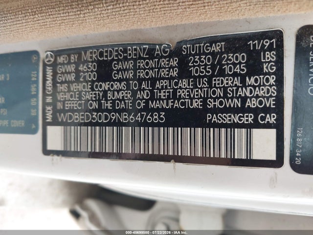 Aukcja sprzedaży 1992 Mercedes-benz 300 E 4matic, vin: WDBED30D9NB647683, numer aukcji: 45699580