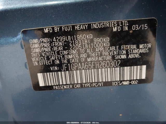 Продаж на аукціоні авто 2015 Subaru Impreza 2.0i, vin: JF1GPAA65FH260302, номер лоту: 45699584