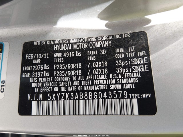Aukcja sprzedaży 2011 Hyundai Santa Fe Limited, vin: 5XYZK3AB8BG043579, numer aukcji: 45699586