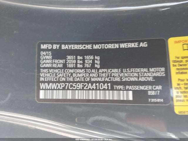 45699592 :رقم المزاد ، WMWXP7C59F2A41041 vin ، 2015 Mini Hardtop Cooper S مزاد بيع