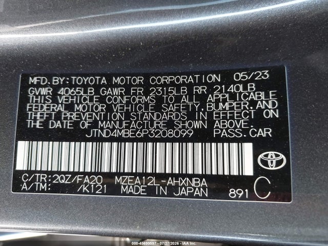 Aukcja sprzedaży 2023 Toyota Corolla Se, vin: JTND4MBE6P3208099, numer aukcji: 45699597