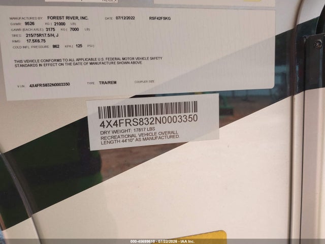 Продажа на аукционе авто 2022 Other Other, vin: 4X4FRS832N0003350, номер лота: 45699610