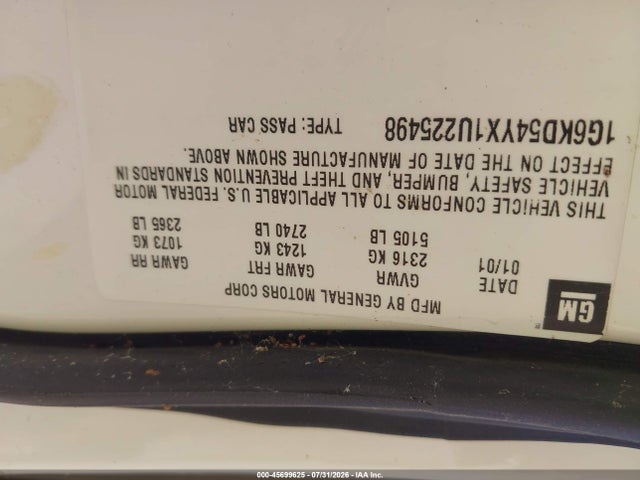 Продаж на аукціоні авто 2001 Cadillac Deville Standard W/w20, vin: 1G6KD54YX1U225498, номер лоту: 45699625