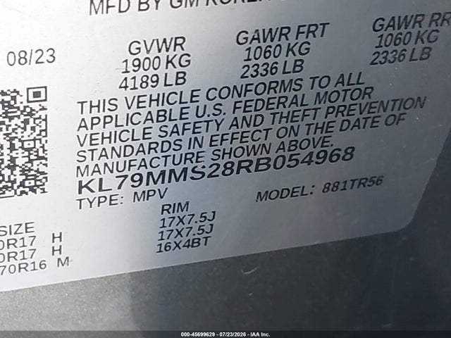 45699629 :رقم المزاد ، KL79MMS28RB054968 vin ، 2024 Chevrolet Trailblazer Fwd Ls مزاد بيع