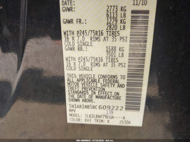 45699642 :رقم المزاد ، 5N1AR1NB5BC609222 vin ، 2011 Nissan Pathfinder S مزاد بيع