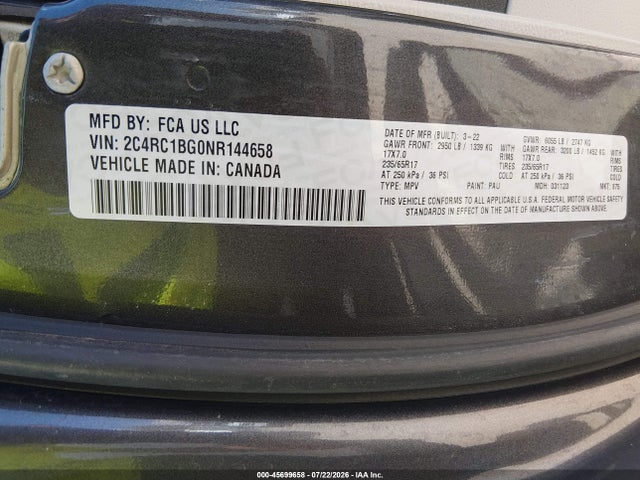 Aukcja sprzedaży 2022 Chrysler Pacifica Touring L, vin: 2C4RC1BG0NR144658, numer aukcji: 45699658