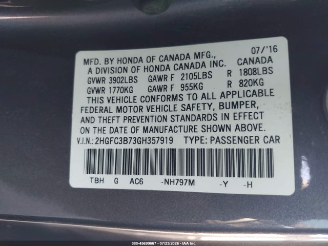 Honda Civic Ex-l 2016 2HGFC3B73GH357919 Image 9
