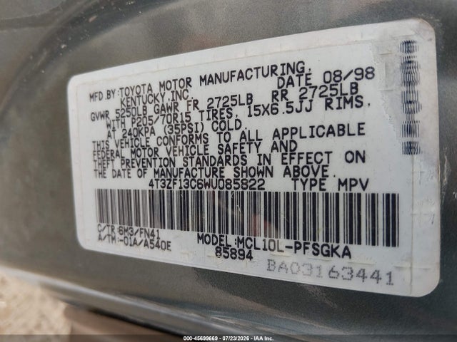 45699669 :رقم المزاد ، 4T3ZF13C6WU085822 vin ، 1998 Toyota Sienna Le مزاد بيع