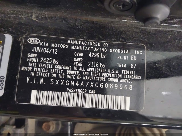 Aukcja sprzedaży 2012 Kia Optima Ex, vin: 5XXGN4A7XCG089968, numer aukcji: 45699680