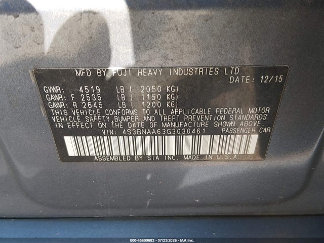 45699682 :رقم المزاد ، 4S3BNAA63G3030461 vin ، 2016 Subaru Legacy 2.5i مزاد بيع