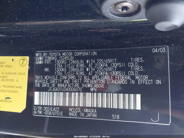 2004 Lexus Rx 330 მანქანა იყიდება აუქციონზე, vin: JTJGA31U340006070, აუქციონის ნომერი: 45699695