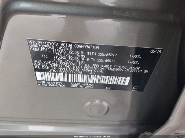 2015 Toyota Rav4 Le მანქანა იყიდება აუქციონზე, vin: JTMZFREVXFD058598, აუქციონის ნომერი: 45699710