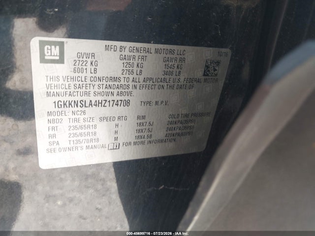 45699716 :رقم المزاد ، 1GKKNSLA4HZ174708 vin ، 2017 Gmc Acadia Sle-2 مزاد بيع
