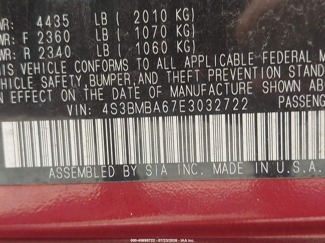 45699722 :رقم المزاد ، 4S3BMBA67E3032722 vin ، 2014 Subaru Legacy 2.5i مزاد بيع