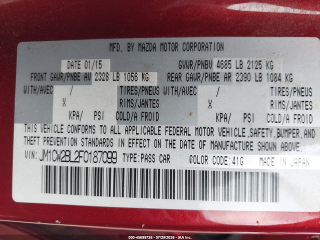 2015 Mazda Mazda5 Sport მანქანა იყიდება აუქციონზე, vin: JM1CW2BL2F0187099, აუქციონის ნომერი: 45699726
