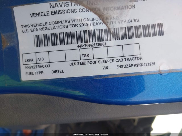 45699730 :رقم المزاد ، 3HSDZAPR2KN421236 vin ، 2019 International Lt مزاد بيع