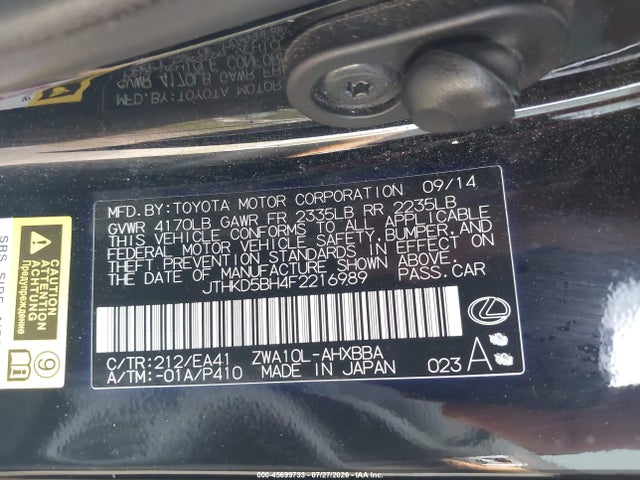 45699733 :رقم المزاد ، JTHKD5BH4F2216989 vin ، 2015 Lexus Ct 200h مزاد بيع