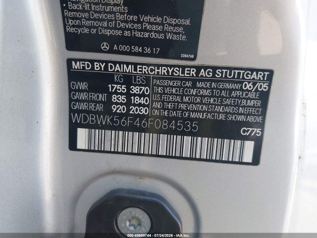 Продаж на аукціоні авто 2006 Mercedes-benz Slk 350, vin: WDBWK56F46F084535, номер лоту: 45699744