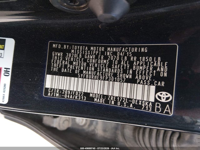 2015 Toyota Corolla S Plus მანქანა იყიდება აუქციონზე, vin: 5YFBURHE9FP301057, აუქციონის ნომერი: 45699745