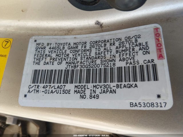 Aukcja sprzedaży 2002 Lexus Es 300, vin: JTHBF30G520075218, numer aukcji: 45699746