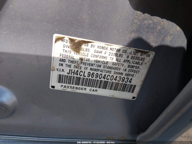 2004 Acura Tsx მანქანა იყიდება აუქციონზე, vin: JH4CL96904C043934, აუქციონის ნომერი: 45699763
