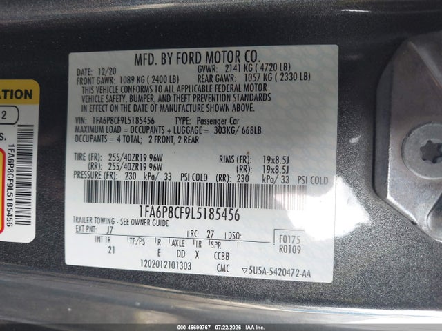 45699767 :رقم المزاد ، 1FA6P8CF9L5185456 vin ، 2020 Ford Mustang Gt Fastback مزاد بيع