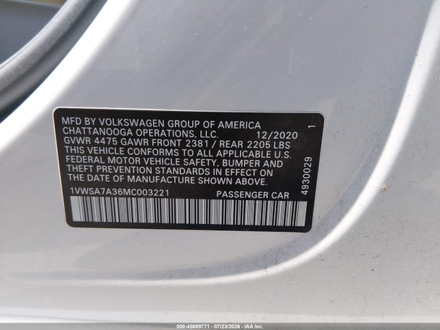 Продаж на аукціоні авто 2021 Volkswagen Passat 2.0t Se, vin: 1VWSA7A36MC003221, номер лоту: 45699771