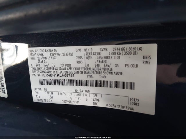 1FTER4EH1KLA09745 Ford Ranger Lariat/xl/xlt
