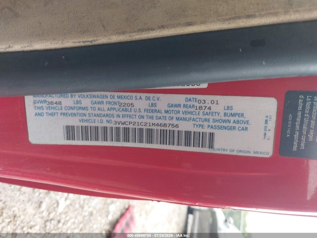 2001 Volkswagen New Beetle Gls Tdi მანქანა იყიდება აუქციონზე, vin: 3VWCP21C21M468756, აუქციონის ნომერი: 45699785