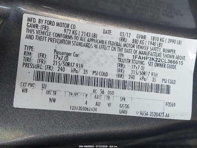 45699804 :رقم المزاد ، 1FAHP3K22CL366615 vin ، 2012 Ford Focus Se مزاد بيع