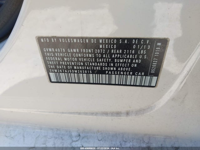 2013 Volkswagen Jetta 2.0l S მანქანა იყიდება აუქციონზე, vin: 3VW2K7AJ5DM263815, აუქციონის ნომერი: 45699825