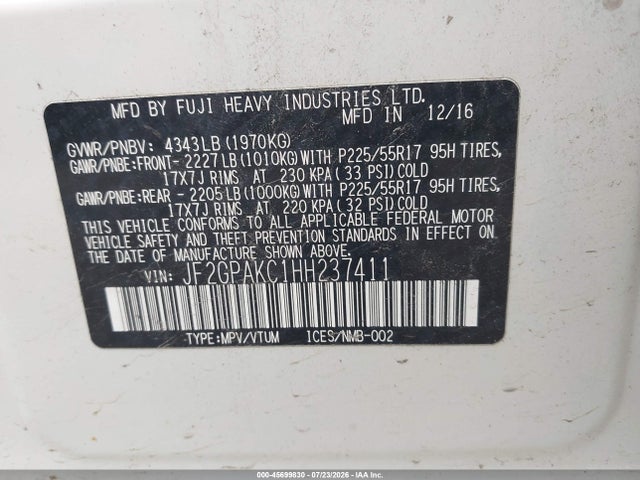 Продаж на аукціоні авто 2017 Subaru Crosstrek 2.0i Limited, vin: JF2GPAKC1HH237411, номер лоту: 45699830