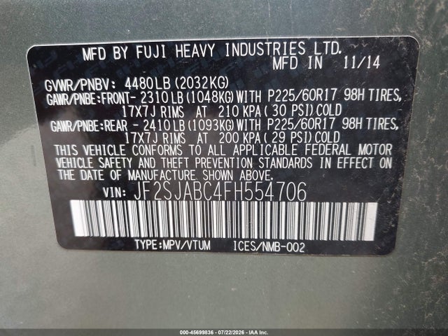 Продаж на аукціоні авто 2015 Subaru Forester 2.5i, vin: JF2SJABC4FH554706, номер лоту: 45699836