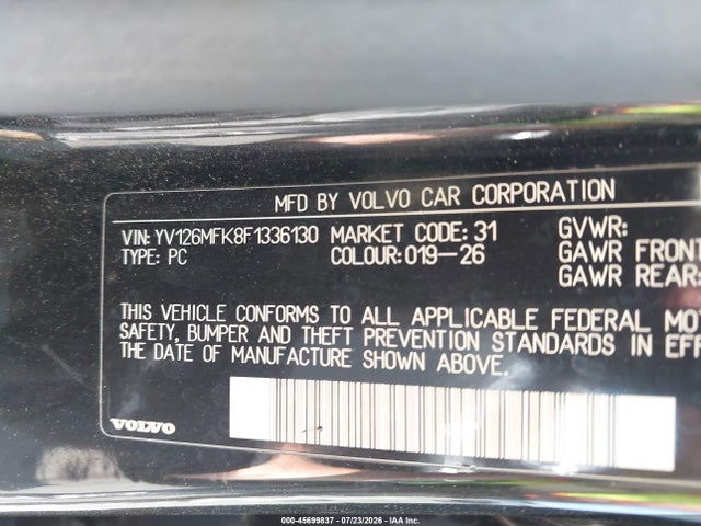 Aukcja sprzedaży 2015 Volvo S60 T5 Premier, vin: YV126MFK8F1336130, numer aukcji: 45699837