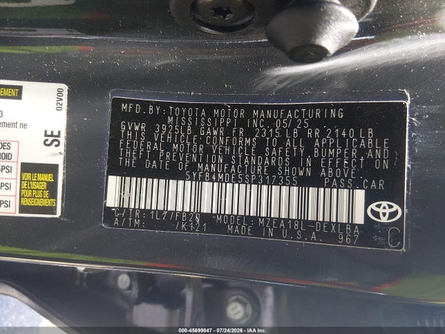 Auction sale of the 2025 Toyota Corolla Le, vin: 5YFB4MDE5SP317355, lot number: 45699847