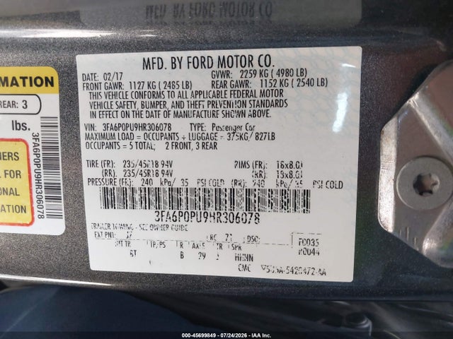 3FA6P0PU9HR306078 Ford Fusion Energi Se Luxury