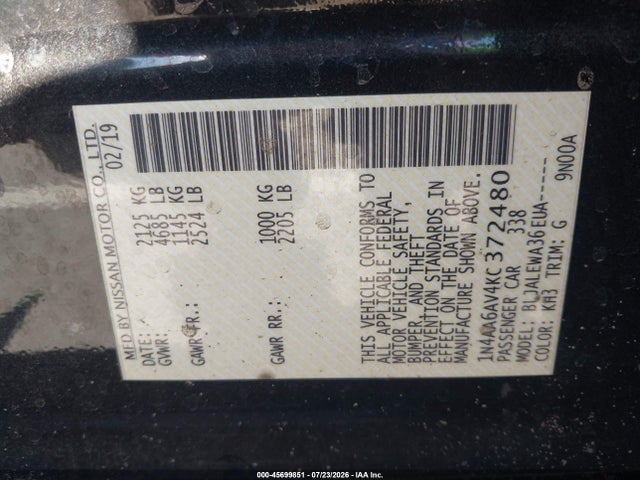 1N4AA6AV4KC372480 Nissan Maxima 3.5 Sl